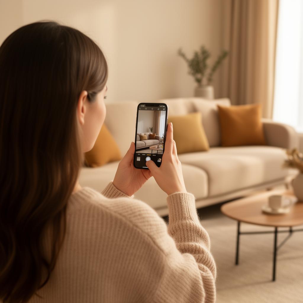 Personne prenant une photo de son salon avec un smartphone